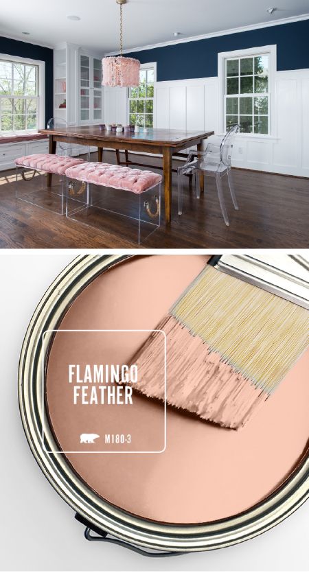 Try using this light blush shade as an accent color in contrasting color palettes, like navy and white. Behr Paint