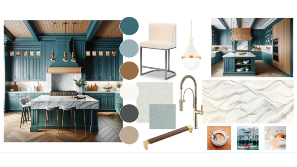 Mood board showcasing design elements for a custom kitchen transformation, featuring dark blue cabinetry, quartz countertops, and complementary materials and textures.