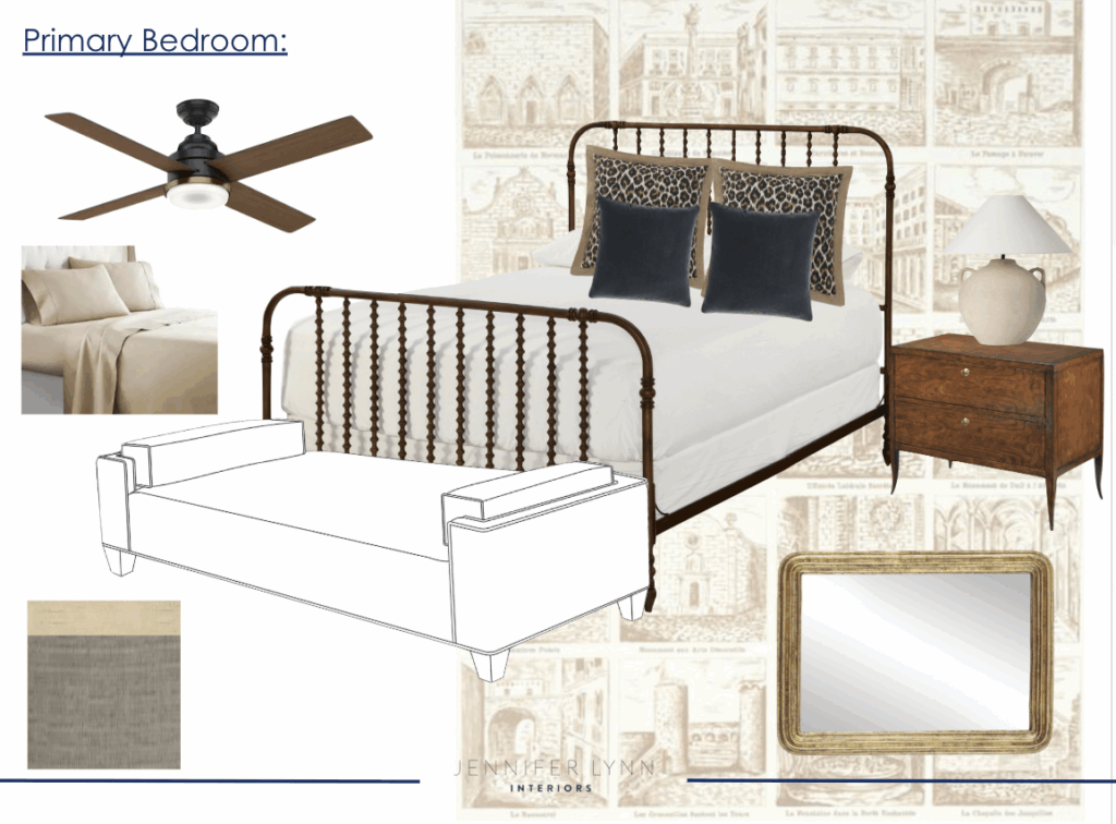 Mood board for a timeless primary bedroom design